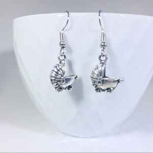 🆕👶 Adorable Silver Baby Buggy Charm Earrings